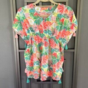 Cat & Jack bright floral peach orange green bathing suit cover up tassel top siz